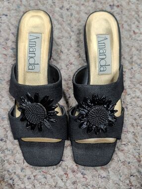 Amanda Zircon Black Floral Slide Block Heel Sandals